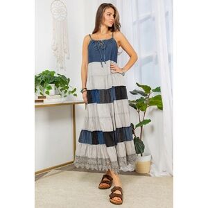 Chic Denim and Charcoal Tiered Maxi Dress